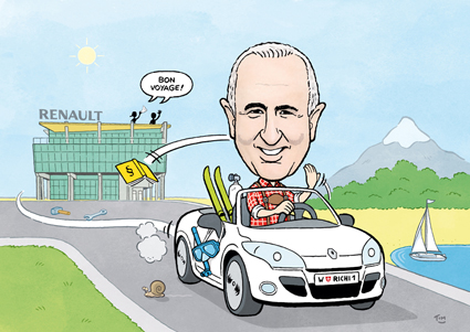 Karikatur Auto Renault Geschenk Pensionierung Ruhestand Cabrio Wien Segeln Skifahren Tauchen