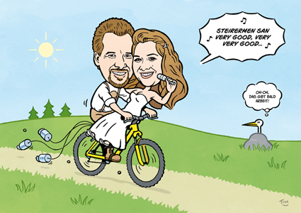Karikatur Hochzeit Fahrrad Mountainbike Steiermark Sängerin Volksmusik Hochzeitspaar Hochzeitsgeschenk